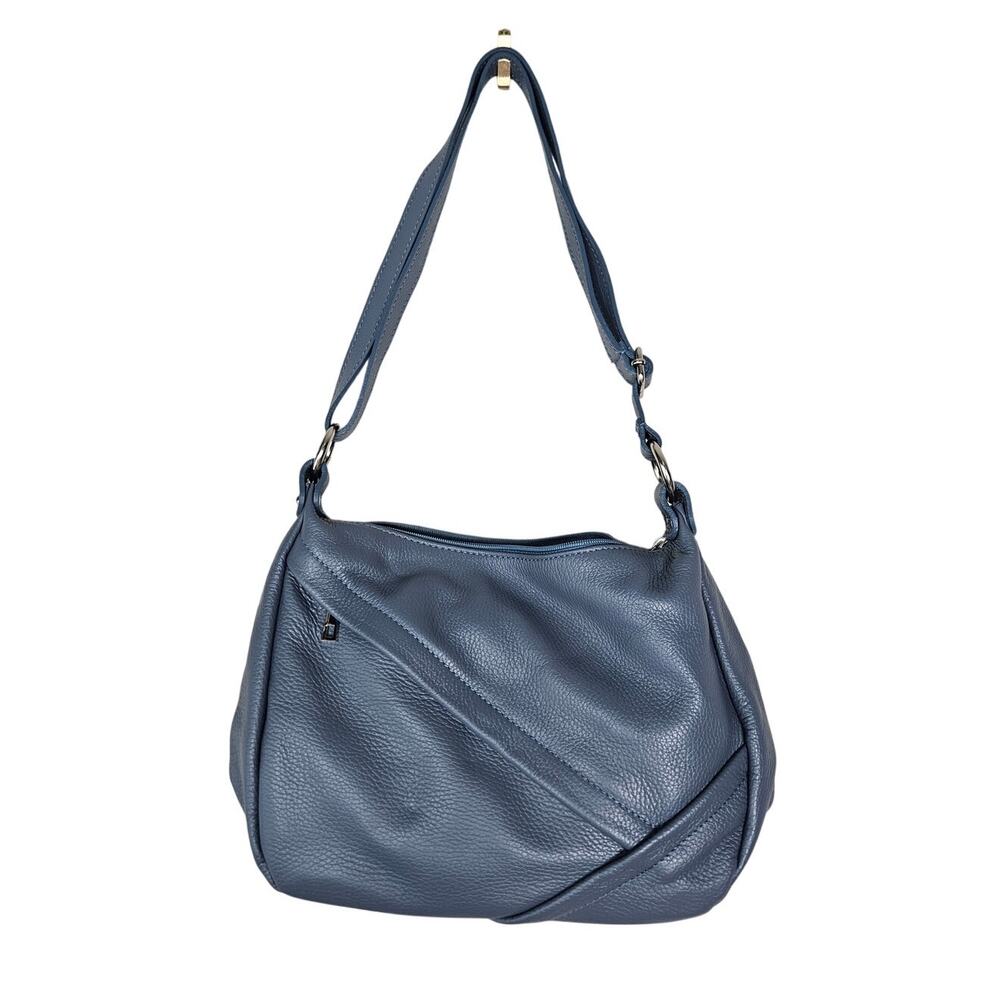 Italian Leather Gray Criss Cross Zipper Hobo Bag Pebbled Classic Minimalist